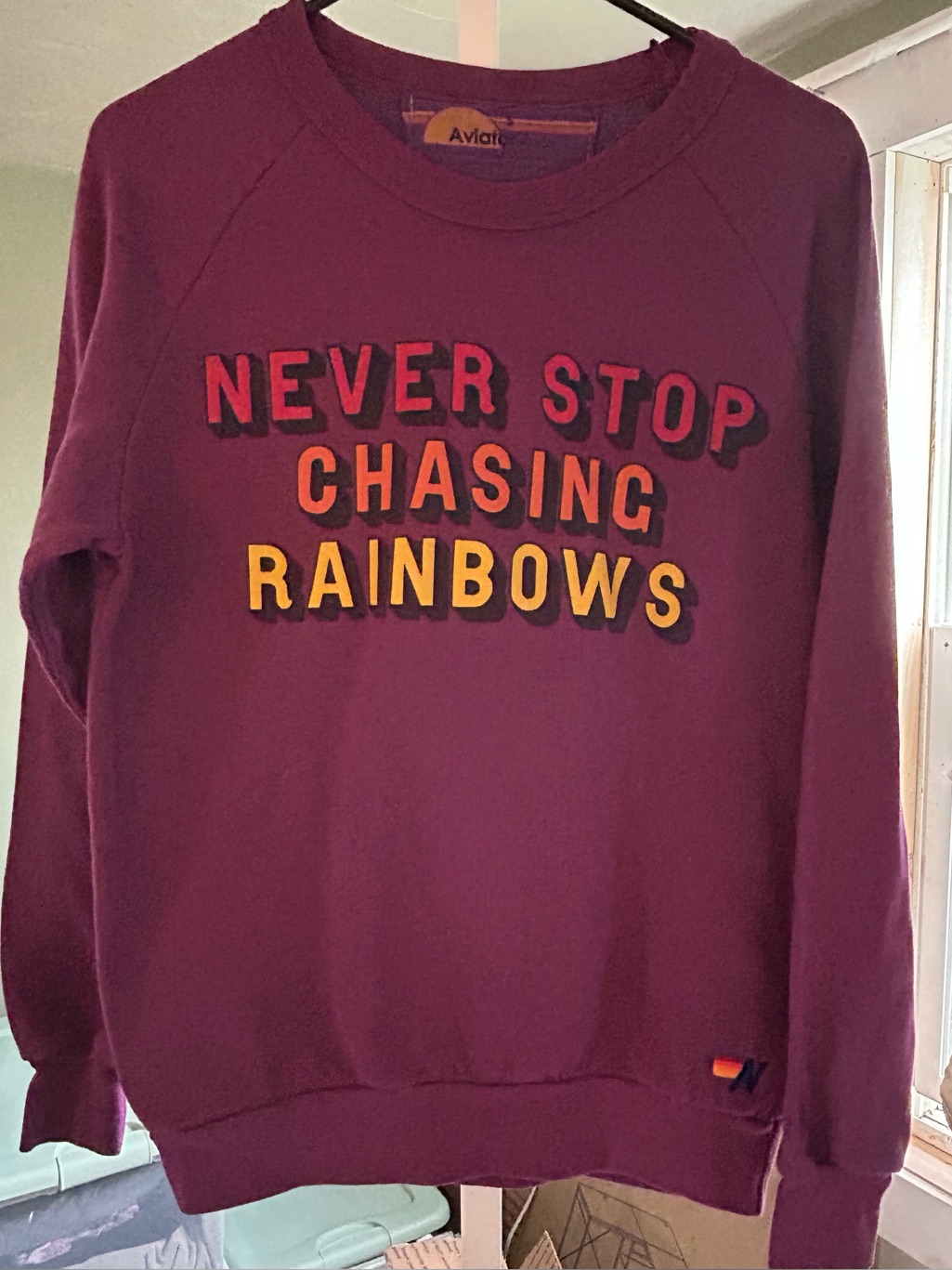 Aviator Nation Purple Crewneck With Never Stop Chasing Rainbows